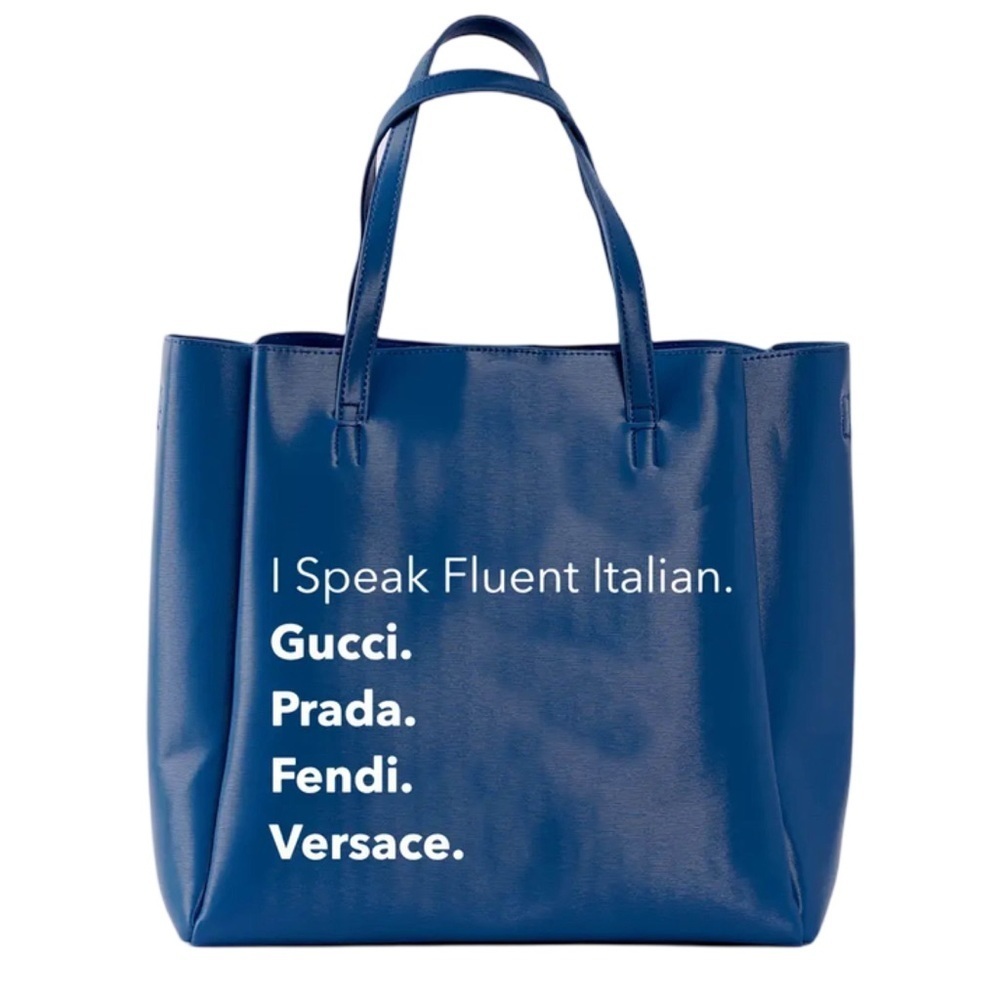 Blue Graphic Tote Bag I Speak Fluent Italian Designer Names Print